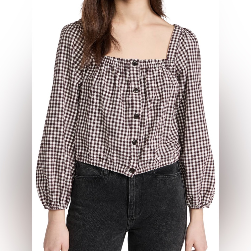 Madewell Medium Brown White Gingham Puff-Sleeve Button-Front Crop Top in Plaid G